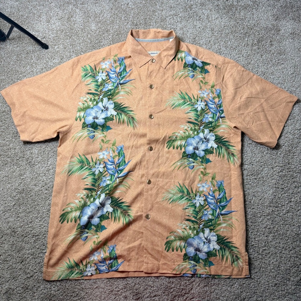 Tommy Bahama Button Up Shirt Mens L Orange Silk Tropical Floral Original Fit